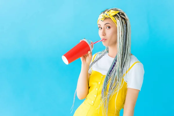 Beautiful Girl Dreadlocks Drinking Soda Isolated Turquoise — Stock Photo, Image