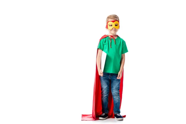 Full Length View Preschooler Kid Mask Hero Cloak Holding Digital — Stock Photo, Image