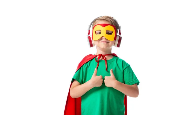 Front View Smiling Preschooler Kid Mask Red Hero Cloak Listening — Stock Photo, Image