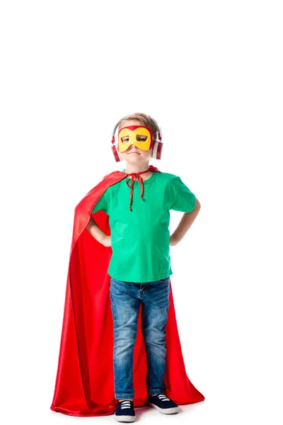 Full Length View Preschooler Kid Mask Red Hero Cloak Listening — Stock Photo, Image