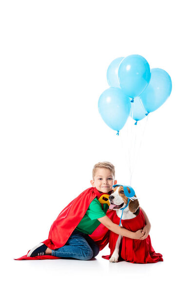 smiling preschooler child in red hero cloak embracing beagle dog near blue party balloons isolated on white