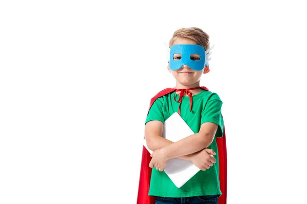 Front View Smiling Preschooler Boy Mask Red Hero Cloak Holding — Stock Photo, Image