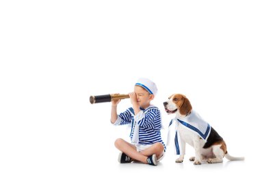 beyaz üzerinde Beagle köpek ile otururken denizci kostüm Spyglass seyir odaklı okul öncesi çocuk