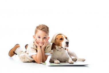 preschooler explorer kid with map and beagle dog on white clipart