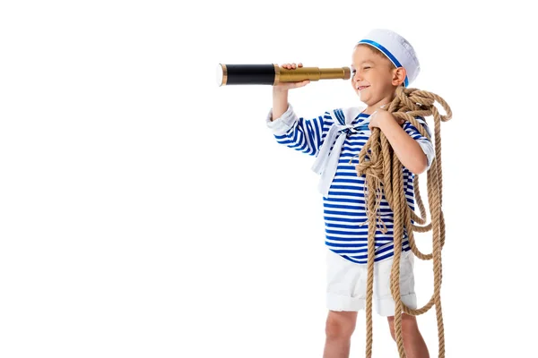 Smiling Preschooler Child Sailor Costume Looking Spyglass Holding Rope Isolated — Stock Photo, Image