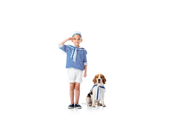 Teljes Hosszában Kilátás Preschooler Gyermek Tengerész Jelmez Tisztelegve Mosoly Beagle — Stock Fotó