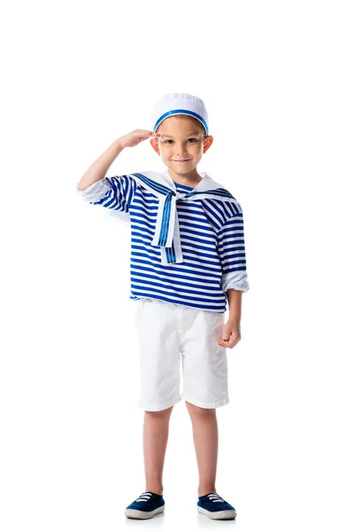 Volledige Lengte Weergave Van Glimlachende Kleuters Kind Sailor Kostuum Saluting — Stockfoto