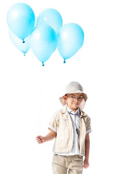 Smiling Explorer Kid Glasses Hat Holding Blue Balloons Looking Camera — Stock Photo, Image
