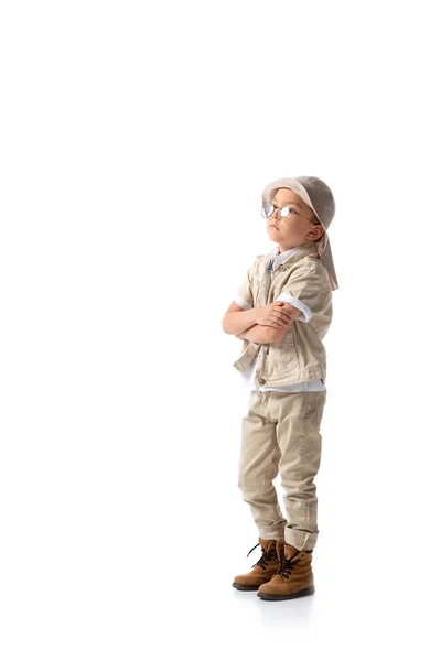 Full Length View Pensive Explorer Boy Hat Glasses Crossed Arms — Stock Photo, Image