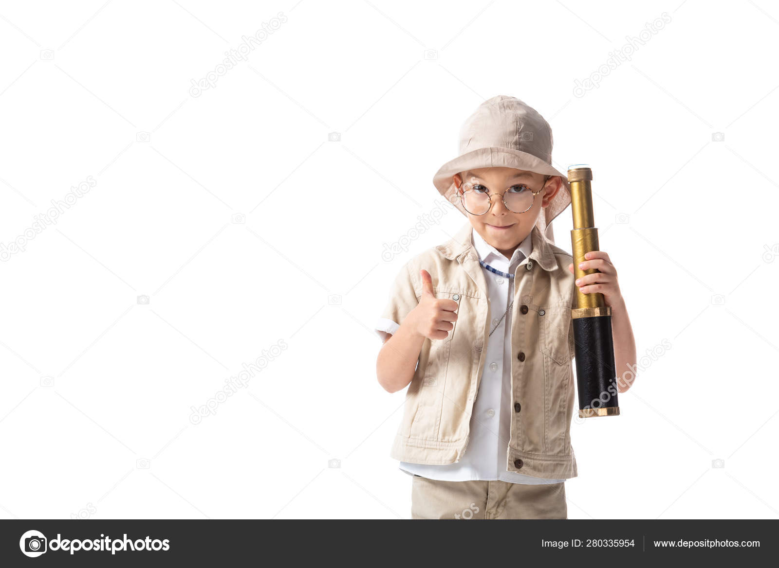 Vista Frontal Del Niño Explorador Sonriente Gafas Sombrero