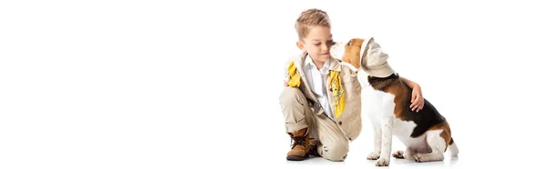 Panoramic Shot Explorer Boy Embracing Beagle Dog White — Stock Photo, Image