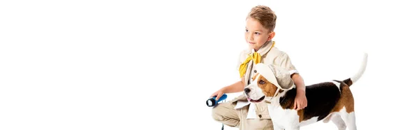 全景拍摄的探险家男孩拿着手电筒 拥抱猎犬狗孤立在白色 — 图库照片
