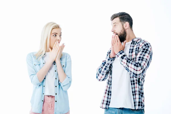 Shocked Girl Man Looking Each Other Isolated White — Stock Photo, Image