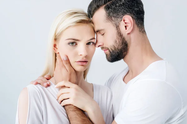 Handsome Man Hugging Beautiful Girl Isolated Grey — Stock Photo, Image