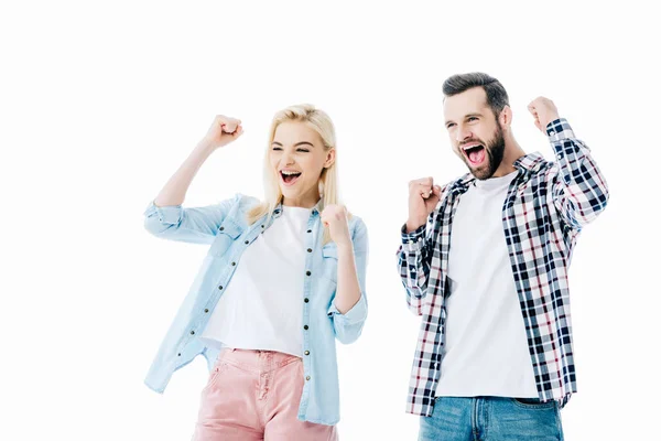 Girl Man Cheering Clenched Fists Isolated White — Stock Photo, Image