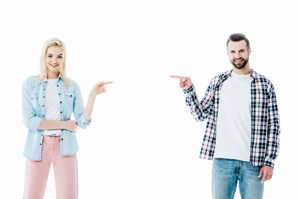 Feliz Chica Hombre Señalando Con Los Dedos Aislados Blanco — Foto de Stock