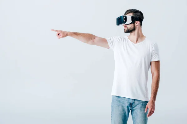 Bearded Man Virtual Reality Headset Pointing Finger Isolated Grey — Stock Photo, Image