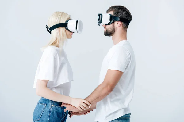 Man Girl Virtual Reality Headsets Holding Hands Isolated Grey — Stock Photo, Image