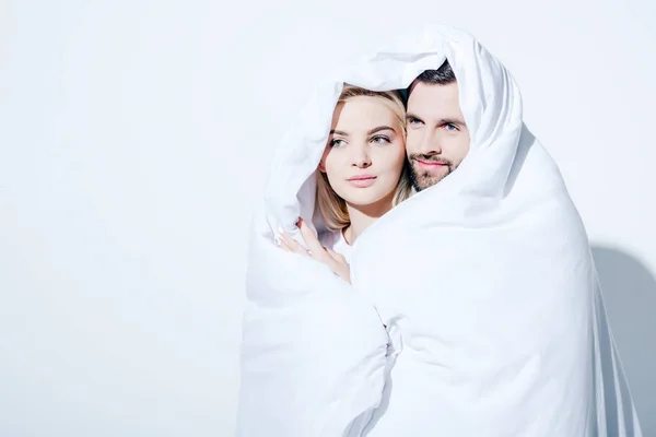 Beautiful Girlfriend Handsome Boyfriend Covered Blanket White — Stock Photo, Image