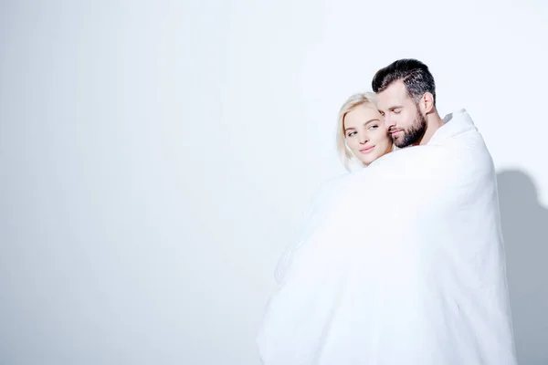 Girlfriend Boyfriend Covered Blanket White Copy Space — Stock Photo, Image