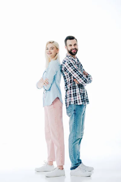 happy girl and man with crossed arms On White