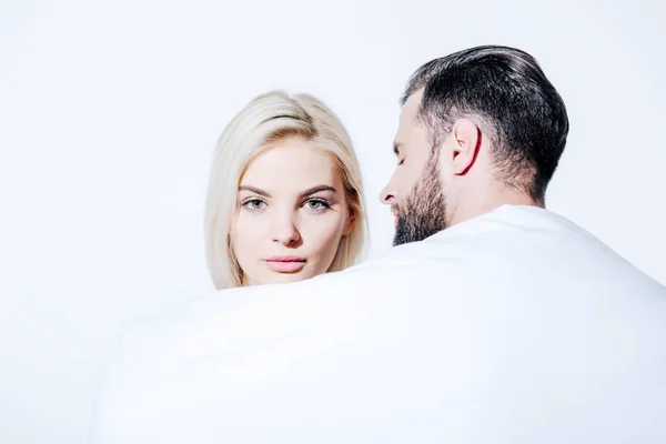 Beautiful Blonde Girlfriend Boyfriend Covered Blanket Isolated White — Stock Photo, Image