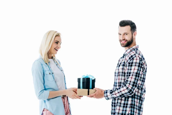 Man Giving Present Happy Girl Isolated White — Stock Photo, Image