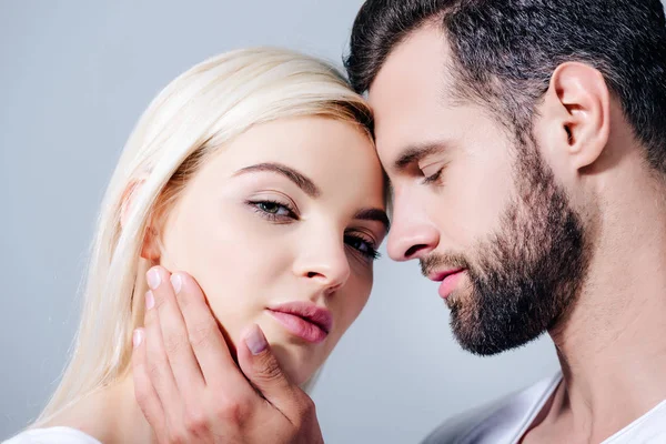 Handsome Man Embracing Beautiful Girl Looking Camera Isolated Grey — Stock Photo, Image