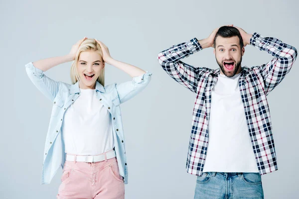 Man Woman Hands Head Shouting Isolated Grey — Stock Photo, Image