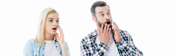 Panoramic Shot Surprised Girl Man Covering Mouths Isolated White — Stock Photo, Image