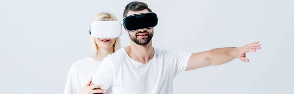 Panoramic Shot Gesturing Man Girl Virtual Reality Headsets Isolated Grey — Stock Photo, Image