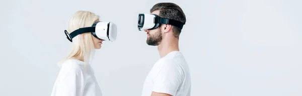 Panoramic Shot Man Girl Virtual Reality Headsets Isolated Grey — Stock Photo, Image