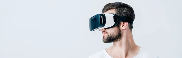 Panoramic Shot Bearded Man Virtual Reality Headset Isolated Grey — Stock Photo, Image