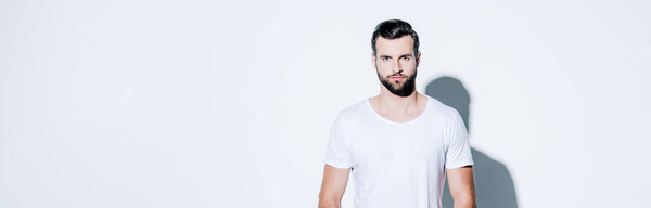 panoramic shot of handsome bearded man in White T-shirt looking at camera on white