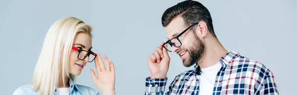 Panoramic Shot Man Girl Adjusting Glasses Isolated Grey — Stock Photo, Image