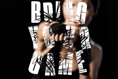 selective focus of woman boxing in glove near bring the game lettering isolated on black  clipart