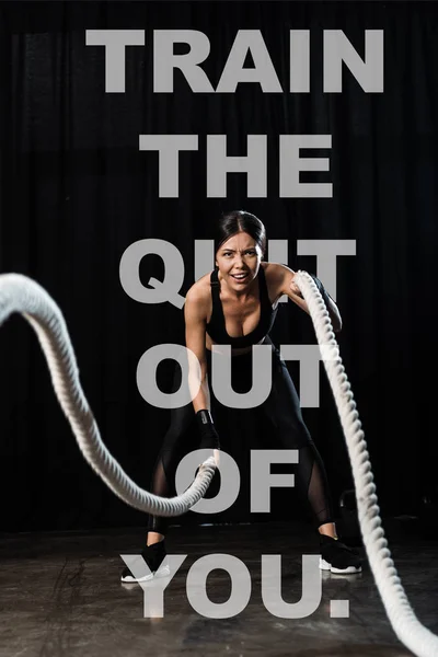 Selective Focus Sportswoman Working Out Battle Ropes Train Quit Out — Stock Photo, Image