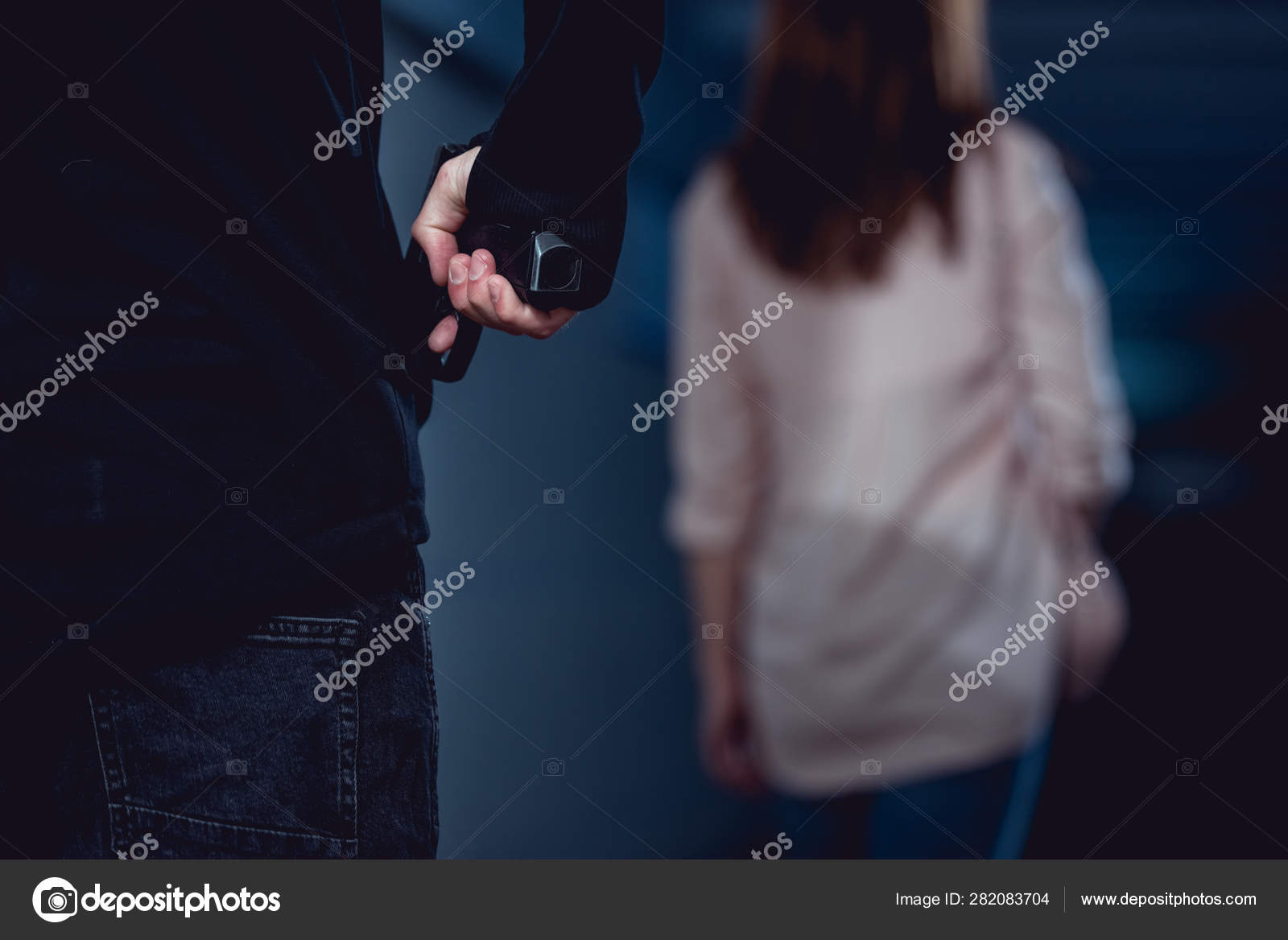 Selective Focus Robber Holding Gun Walking Woman Stock Photo