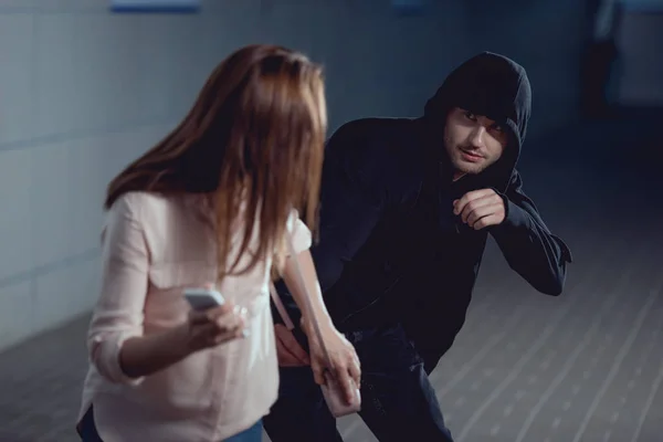 Thief Hoodie Stealing Bag Woman Underpass — Stock Photo, Image