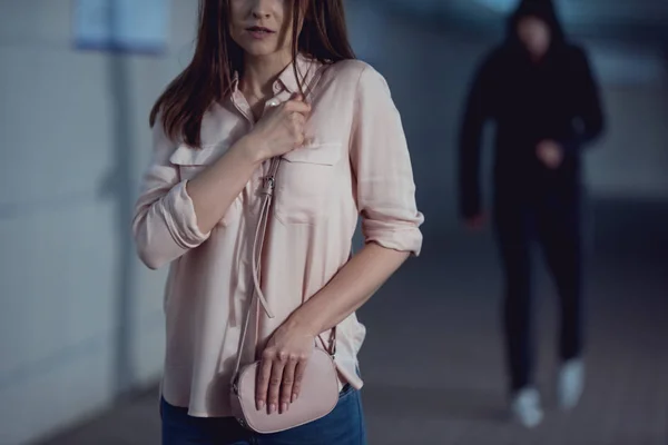 Cropped View Frightened Woman Running Away Thief Underpass — Stock Photo, Image
