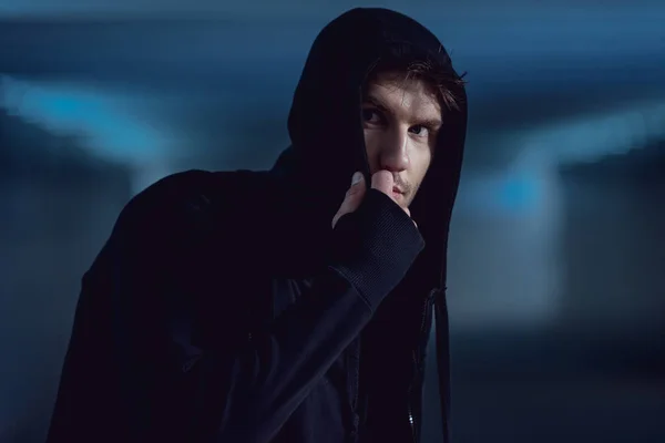 Selective Focus Handsome Thief Black Hoodie Underpass — Stock Photo, Image