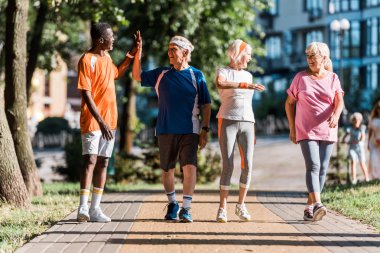 mutlu çok kültürlü emekli erkekler üst düzey kadınların yakınında parkta yüksek beş veren