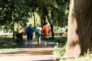 fitness paspaslar tutan ve parkta yürüyüş üst düzey ve çok kültürlü emeklilerin seçici odak 