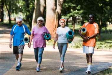 mutlu üst düzey ve çok kültürlü emekliler fitness paspaslar tutan ve parkta geçitte yürüyüş 