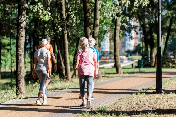 Vista Posterior Mujeres Mayores Corriendo Cerca Hombres Jubilados Multiculturales — Foto de Stock