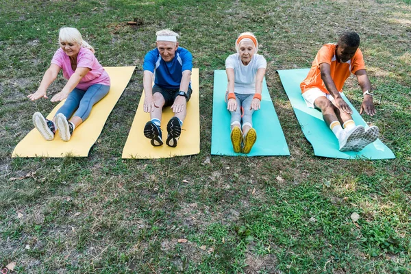 Atletik Emekli Çok Kültürlü Erkek Kadın Fitness Paspaslar Üzerinde Egzersiz — Stok fotoğraf