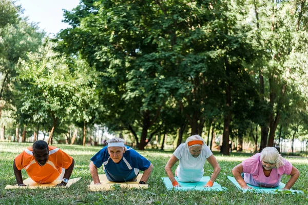 Hombres Mujeres Deportivos Jubilados Multiculturales Que Ejercen Sobre Colchonetas Fitness — Foto de Stock