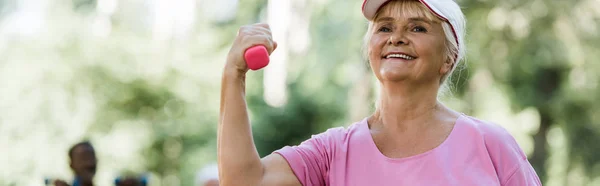 Panoramic Shot Cheerful Senior Woman Cap Holding Dumbbell — Stock Photo, Image