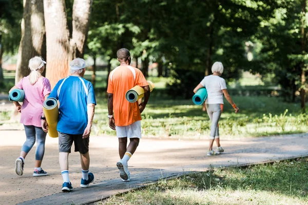 Achteraanzicht Van Gelukkige Senior Multiculturele Gepensioneerden Houden Fitness Matten Wandelen — Stockfoto