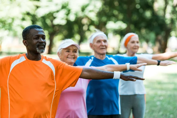 Selective Focus Retired African American Man Outstretched Hands Pensioners — Stock Photo, Image